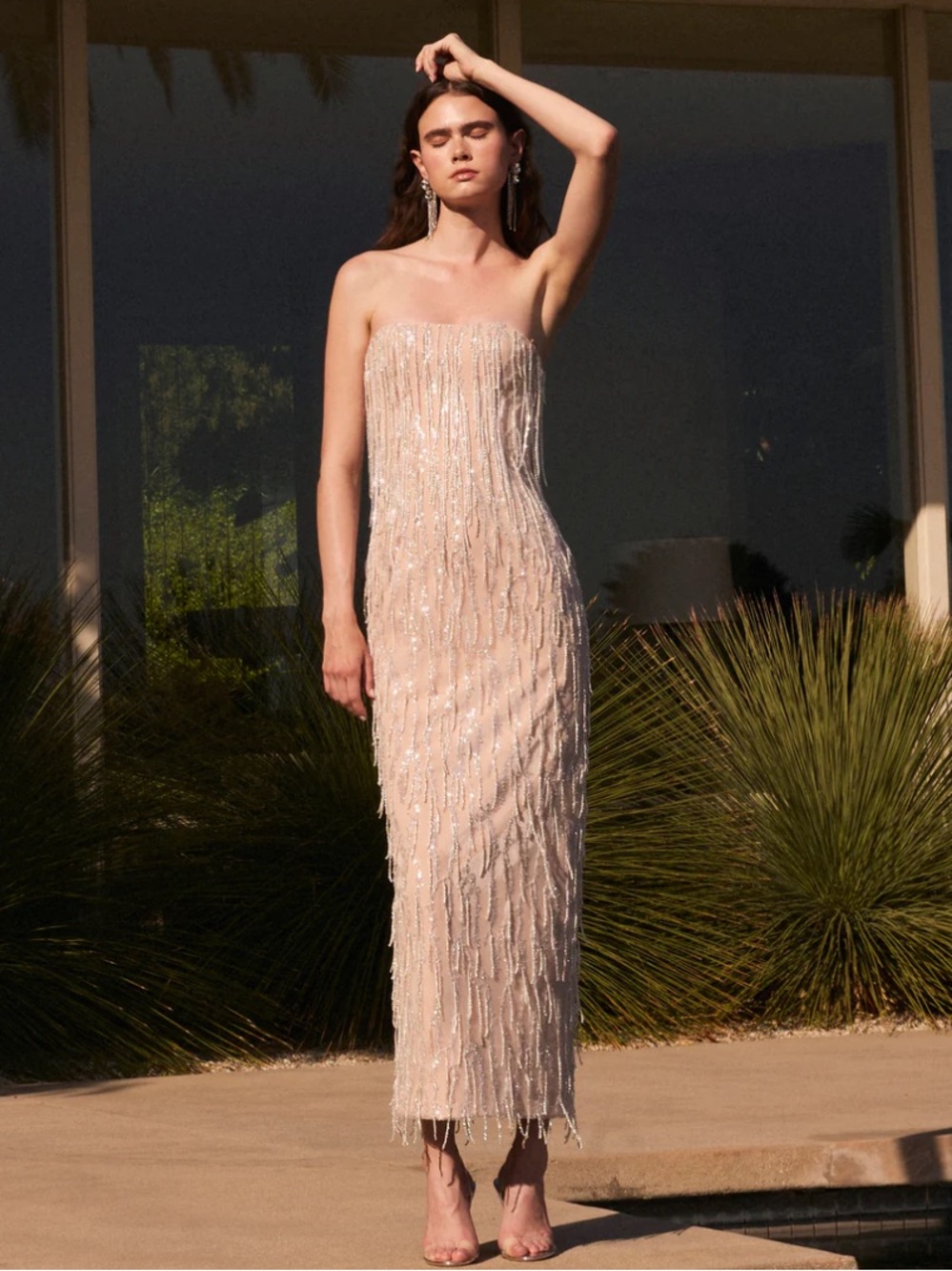 helsi ramona tan silver tassel beaded strapless maxi gown dress size XS NEW